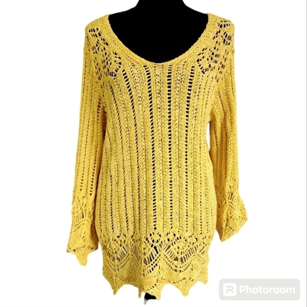 Rain + Rose Butter Yellow Crochet Open Knit Sweater Top sz M